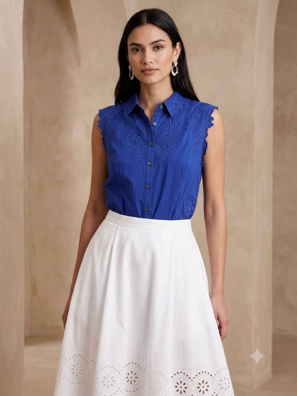 Karen Millen Royal Blue Eyelet Button-Down Shirt